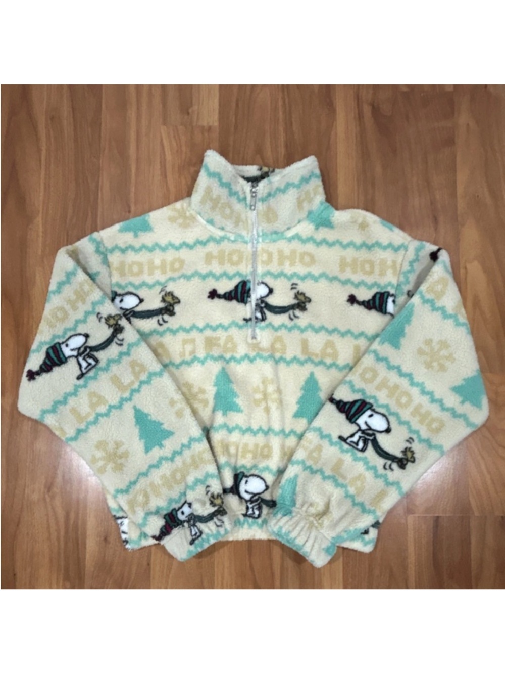 Peanuts Cream & Mint Snoopy Holiday Half-Zip Sweater